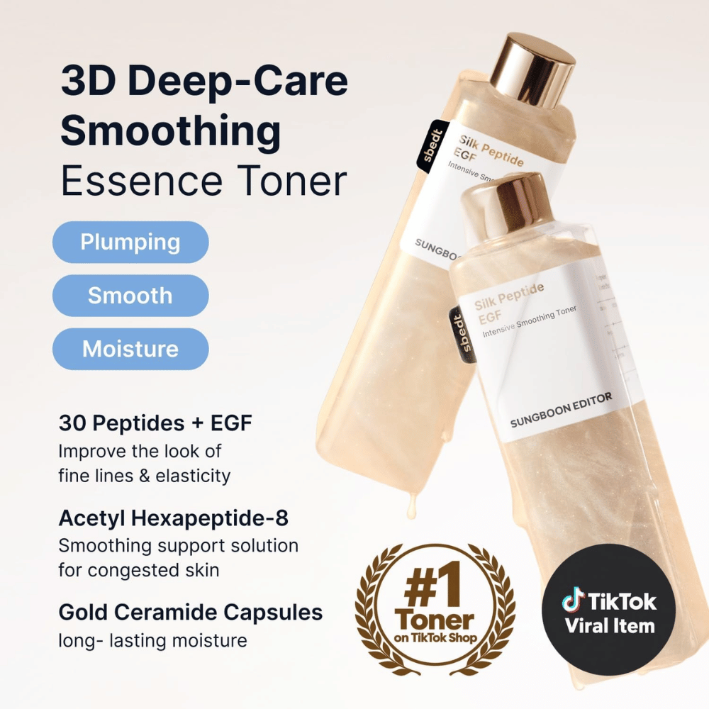 SUNGBOON EDITOR Silk Peptide EGF Intensive Smoothing Toner – essence toner med peptider, EGF och ceramider