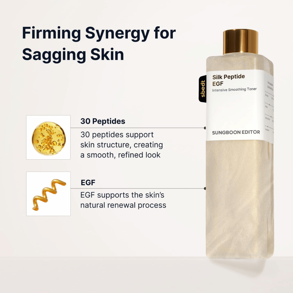SUNGBOON EDITOR Silk Peptide EGF Intensive Smoothing Toner – toner med 30 peptider och EGF för jämnare hud