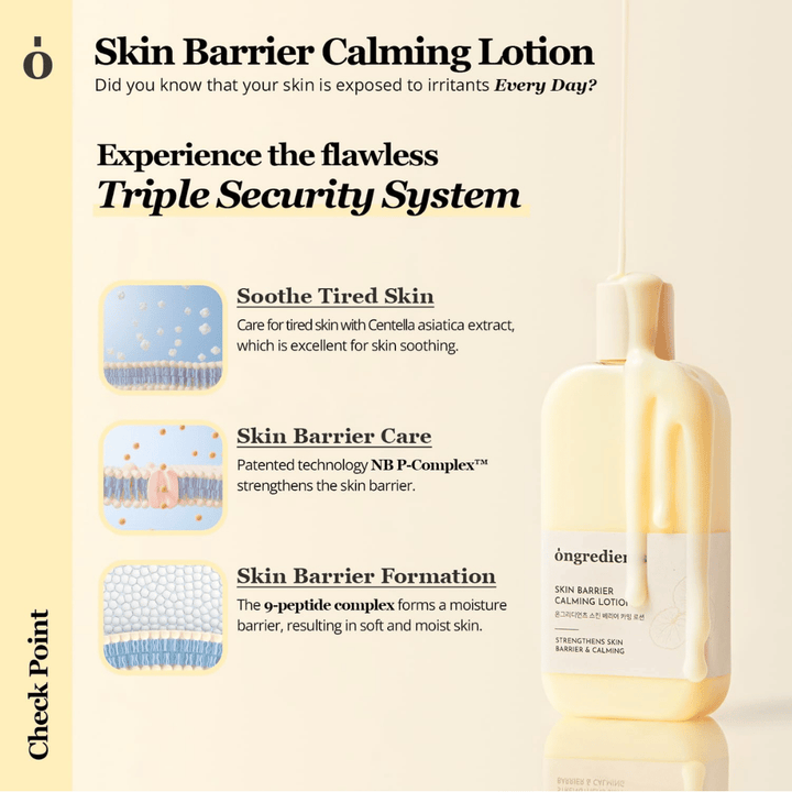 Ongredients Skin Barrier Calming Lotion med Centella Asiatica och peptider som lugnar huden, stärker hudbarriären och ger långvarig återfuktning.
