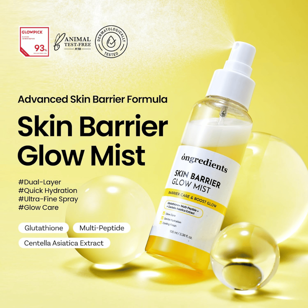 Ongredients Skin Barrier Glow Mist 100 ml ansiktsspray med ceramider, peptider och Centella Asiatica för återfuktning och barriärstärkande effekt.