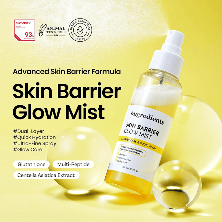 Ongredients Skin Barrier Glow Mist 100 ml ansiktsspray med ceramider, peptider och Centella Asiatica för återfuktning och barriärstärkande effekt.