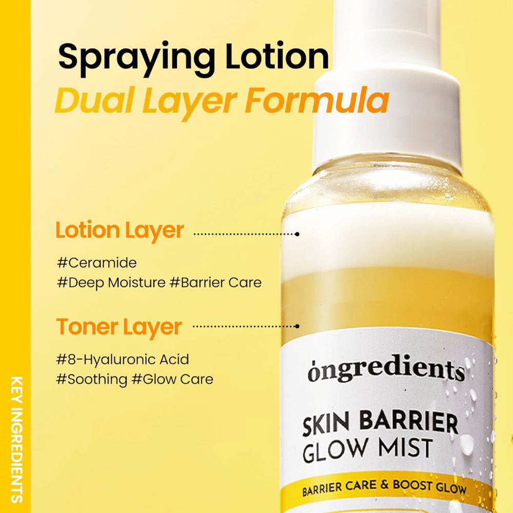 Ongredients Skin Barrier Glow Mist dual layer ansiktsspray med hyaluronsyra och ceramider som ger djup återfuktning och skyddar hudbarriären.