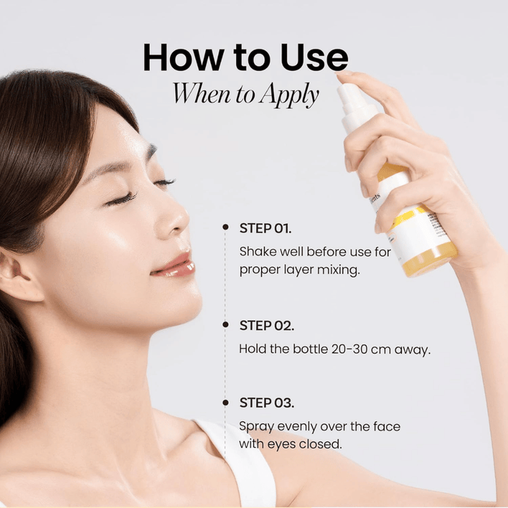 Ongredients Skin Barrier Glow Mist används som ansiktsspray 20–30 cm från huden för snabb återfuktning, glow och uppfräschning under dagen.