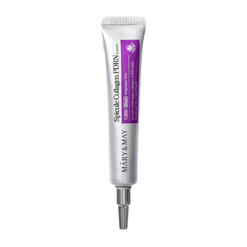 Mary & May Spicule Collagen PDRN Cream frilagd produktbild, koreansk ansiktskräm för hudelasticitet, återhämtning och förbättrad hudstruktur.