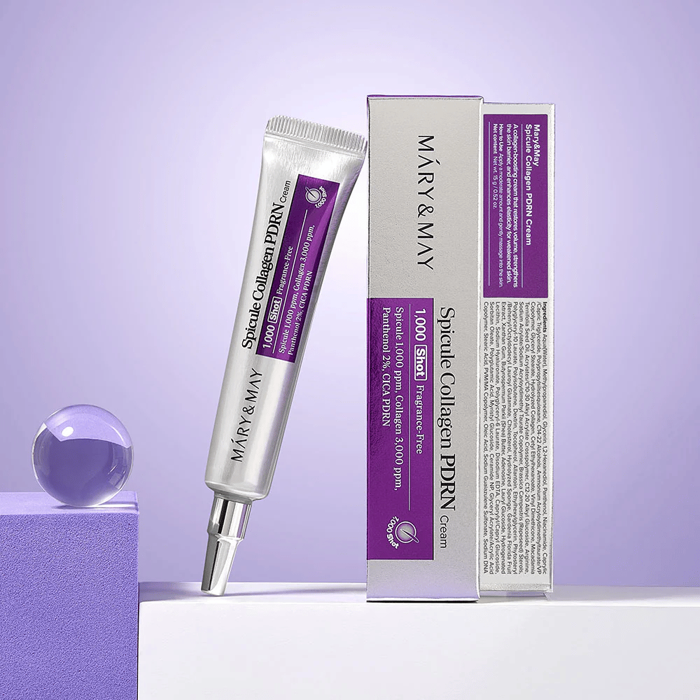 Mary & May Spicule Collagen PDRN Cream bredvid originalförpackning, regenererande ansiktskräm med kollagen, PDRN och spicule.