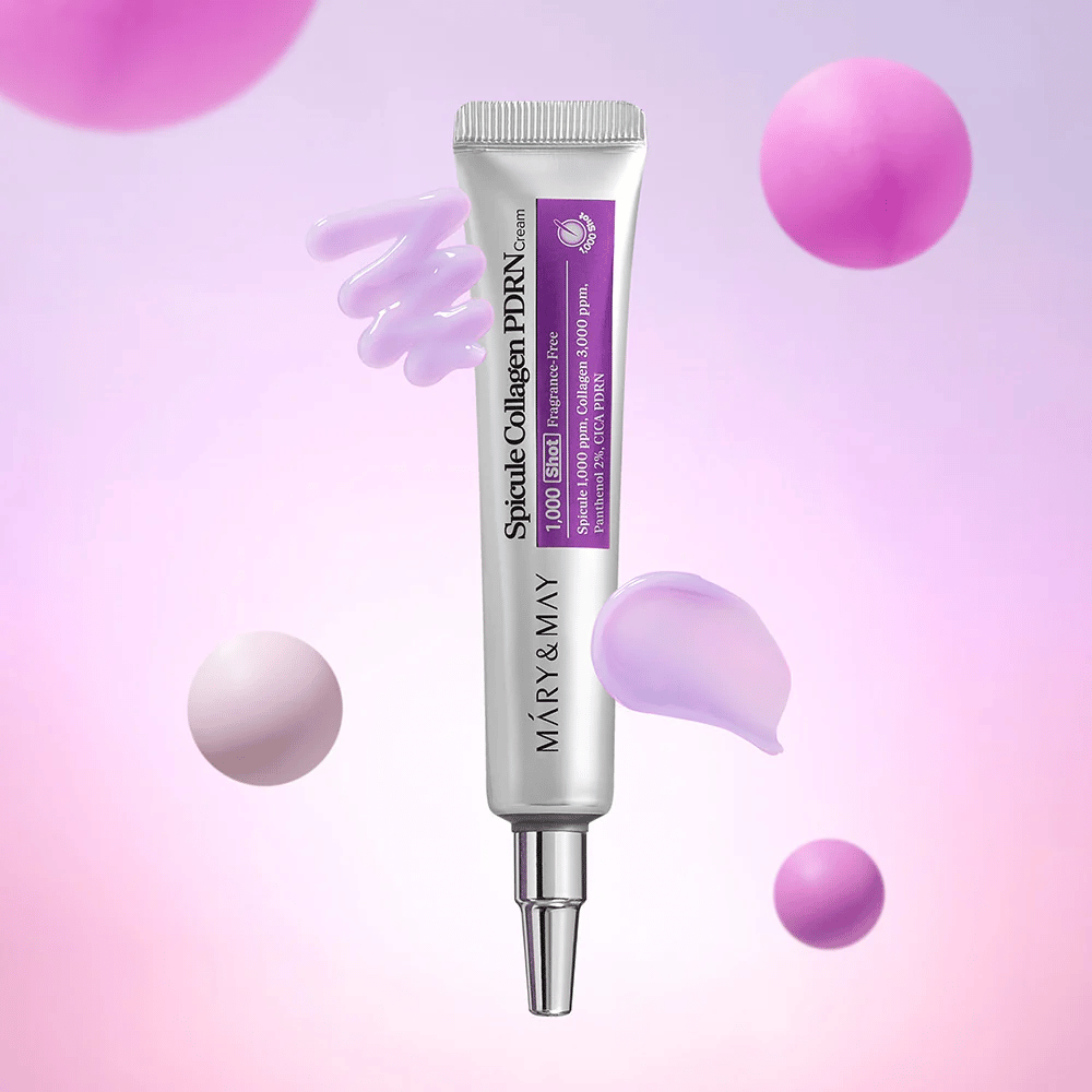 Mary & May Spicule Collagen PDRN Cream med krämtextur, avancerad koreansk hudvård som stimulerar cellförnyelse och ger fastare hud.