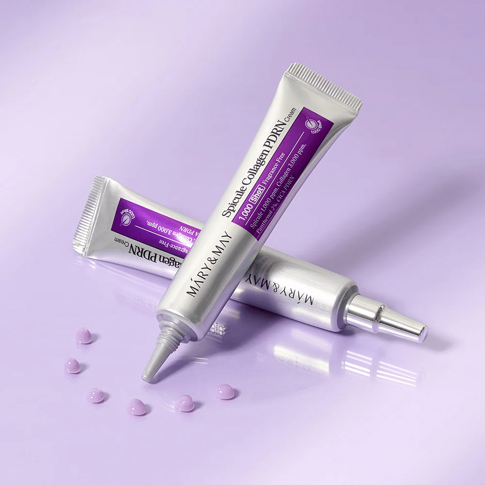 Mary & May Spicule Collagen PDRN Cream i flera tuber på lila bakgrund, intensivt återuppbyggande ansiktskräm med spicule-teknologi och kollagen.