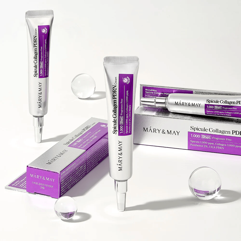 Mary & May Spicule Collagen PDRN Cream i tub med förpackning, koreansk hudvård med spicule, kollagen och PDRN för hudförnyelse och förbättrad elasticitet.