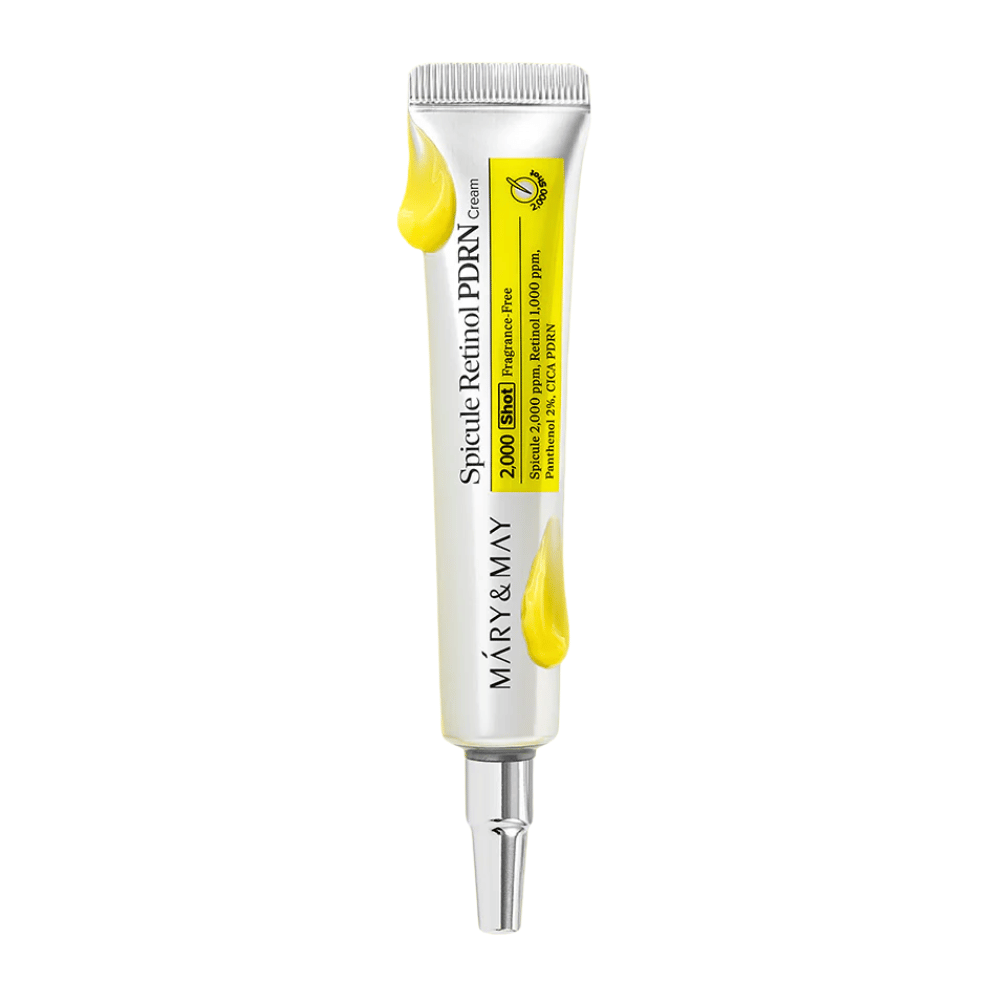 Produktbild av MARY & MAY Spicule Retinol PDRN Cream i tub på vit bakgrund, en aktiv ansiktskräm med retinol och PDRN som passar mogen och ojämn hud.