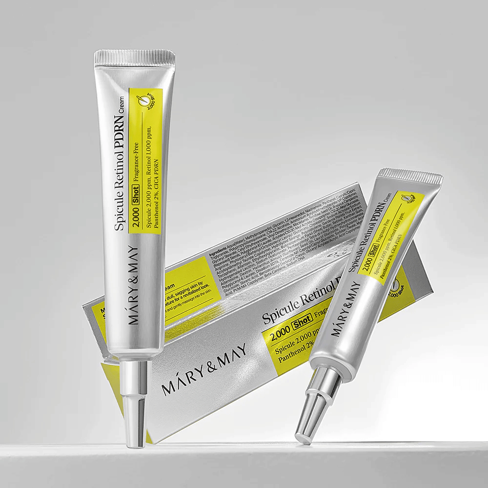 MARY & MAY Spicule Retinol PDRN Cream i tub tillsammans med originalförpackning, en koreansk ansiktskräm med retinol och PDRN som stödjer hudens regenerering.