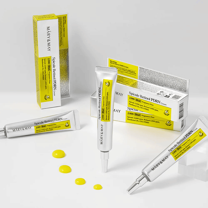 MARY & MAY Spicule Retinol PDRN Cream med flera tuber och synlig krämtextur, framtagen för att stimulera cellförnyelse, förbättra elasticitet och ge jämnare hudton.