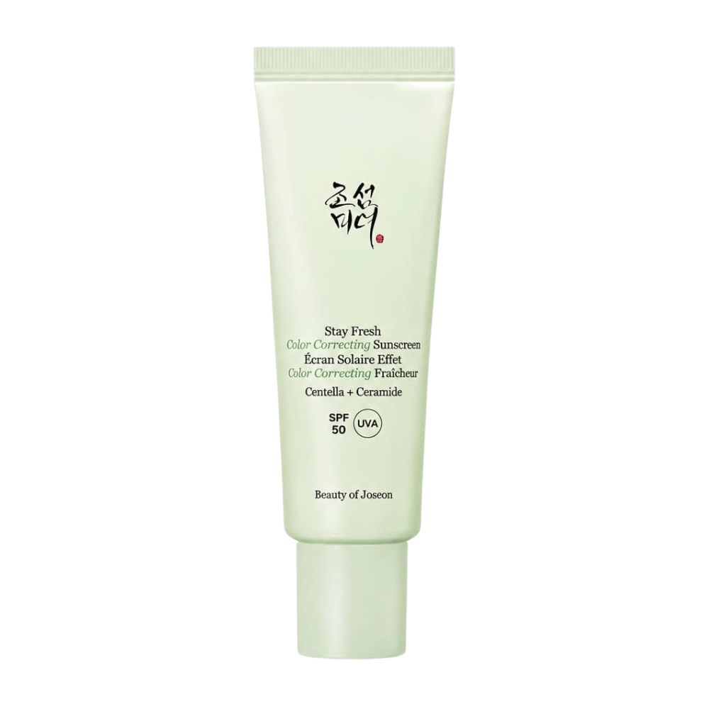 5. Beauty of Joseon Stay Fresh Color Correcting Sunscreen SPF 50 – grön färgkorrigerande solkräm mot vit bakgrund