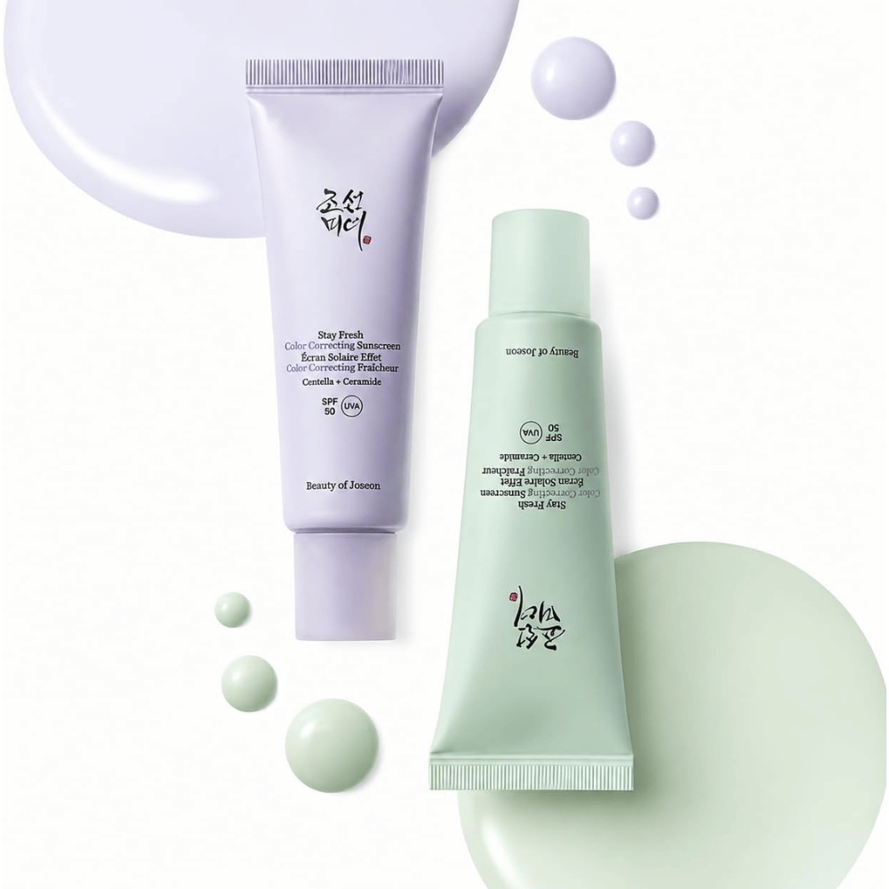 3. Beauty of Joseon Stay Fresh Color Correcting Sunscreen SPF 50 – grön och lila solkräm med färgprover
