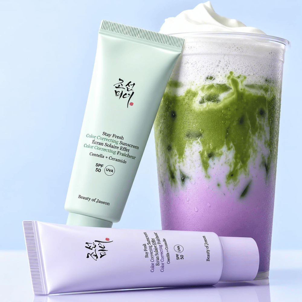 1. Beauty of Joseon Stay Fresh Color Correcting Sunscreen SPF 50 – grön och lila solkräm med matchadryck