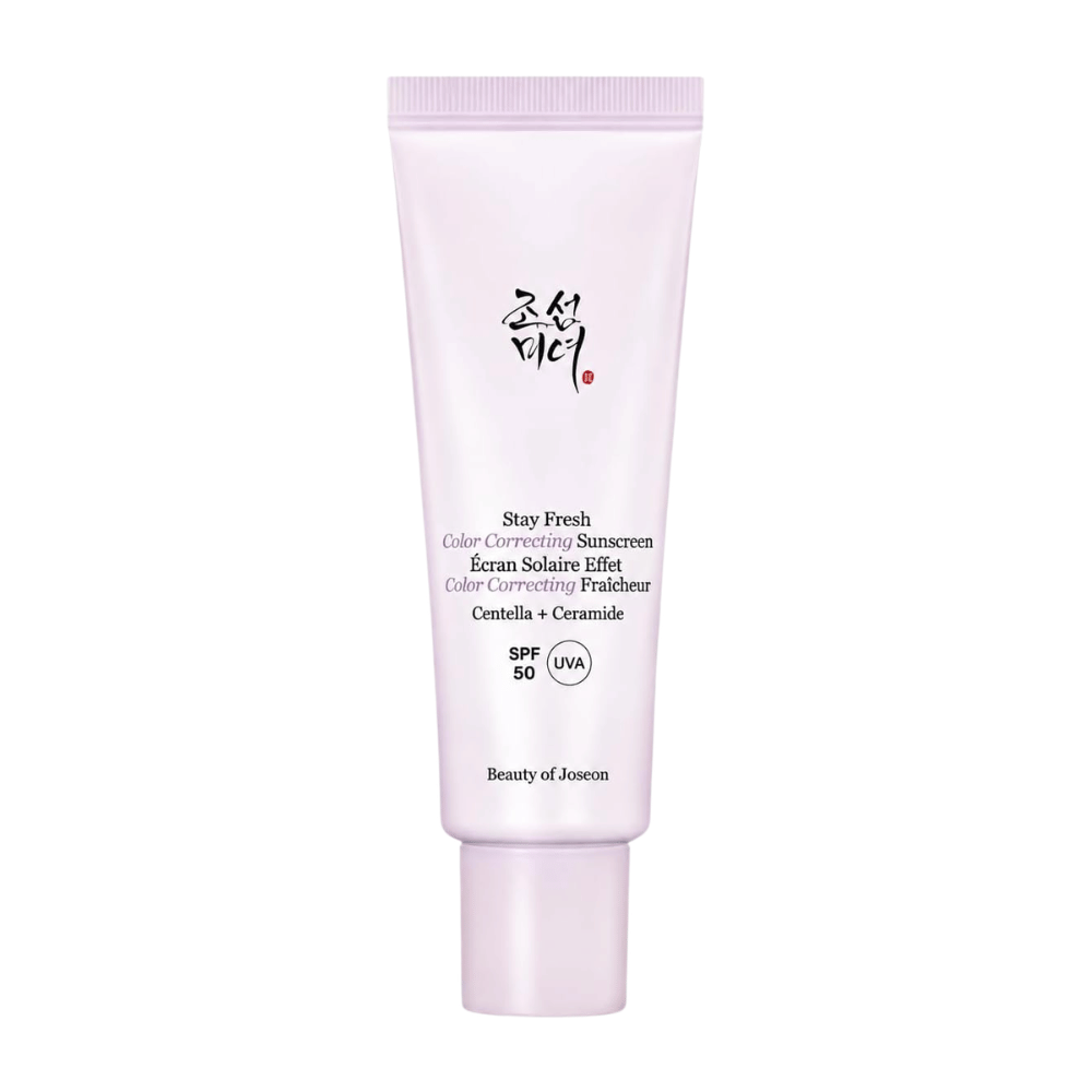 4. Beauty of Joseon Stay Fresh Color Correcting Sunscreen SPF 50 – lila färgkorrigerande solkräm mot vit bakgrund