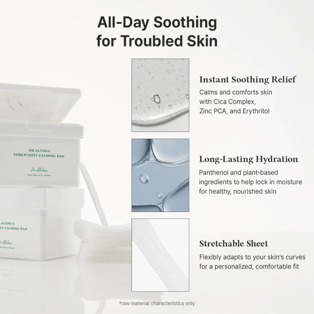 Bild – effekt / fördelar (konvertering)
Dr. Althea Stretchfit Calming Pad som ger långvarig återfuktning, minskar irritation och svalkar känslig hud hela dagen.