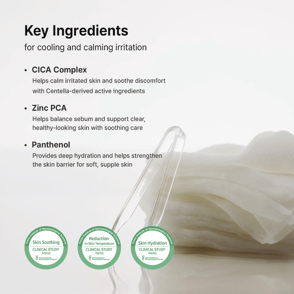 Bild – ingredienser (EEAT + SEO)
Dr. Althea Stretchfit Calming Pad med CICA Complex, Zinc PCA och Panthenol som lugnar huden, balanserar talg och stärker hudbarriären.