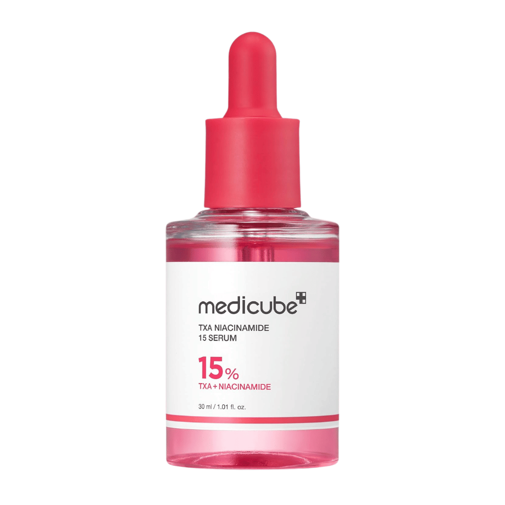 4. Medicube TXA Niacinamide 15 Serum 30 ml – rosa serumflaska med pipett mot vit bakgrund