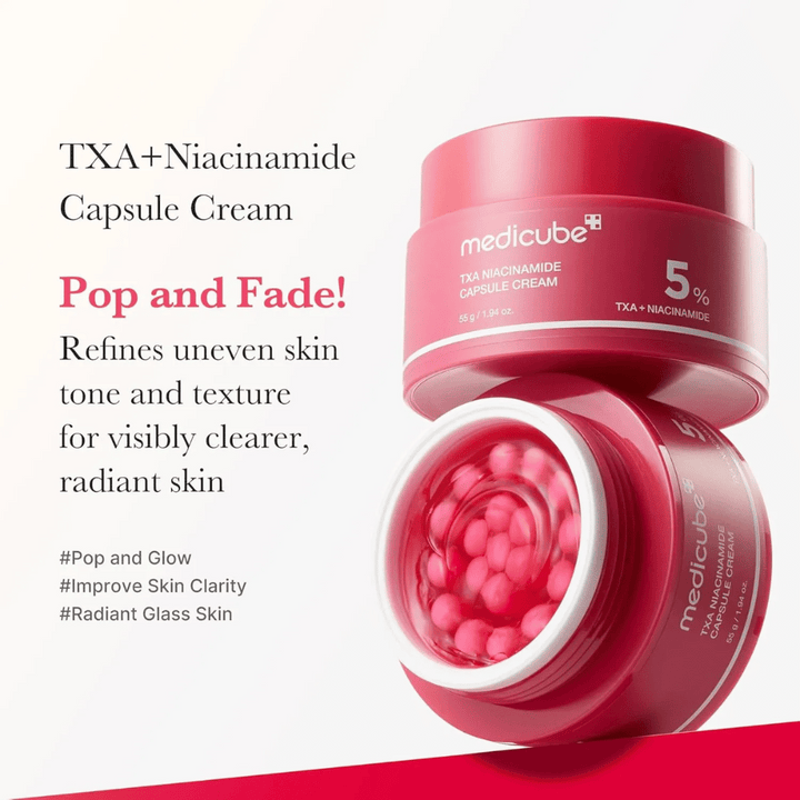 Medicube TXA Niacinamide Capsule Cream med text om hudtonutjämning och lyster, visar öppen burk med rosa kapslar och produktens förpackning bredvid.