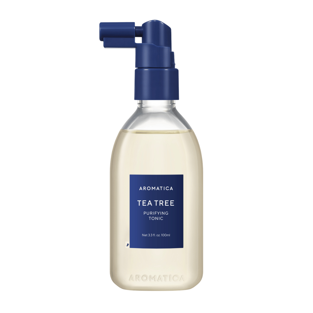 1. AROMATICA Tea Tree Purifying Tonic 100 ml – produktbild av hårbotten-tonic med spraymunstycke