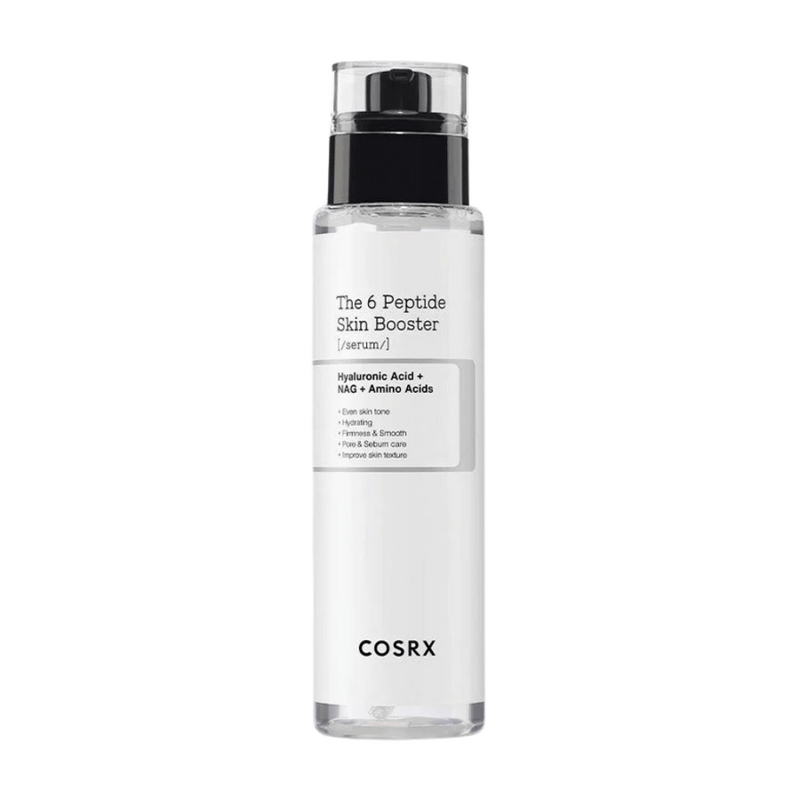 Flaska med hudvårdsserum "The 6 Peptide Skin Booster" med hyaluronsyra och aminosyror från COSRX.