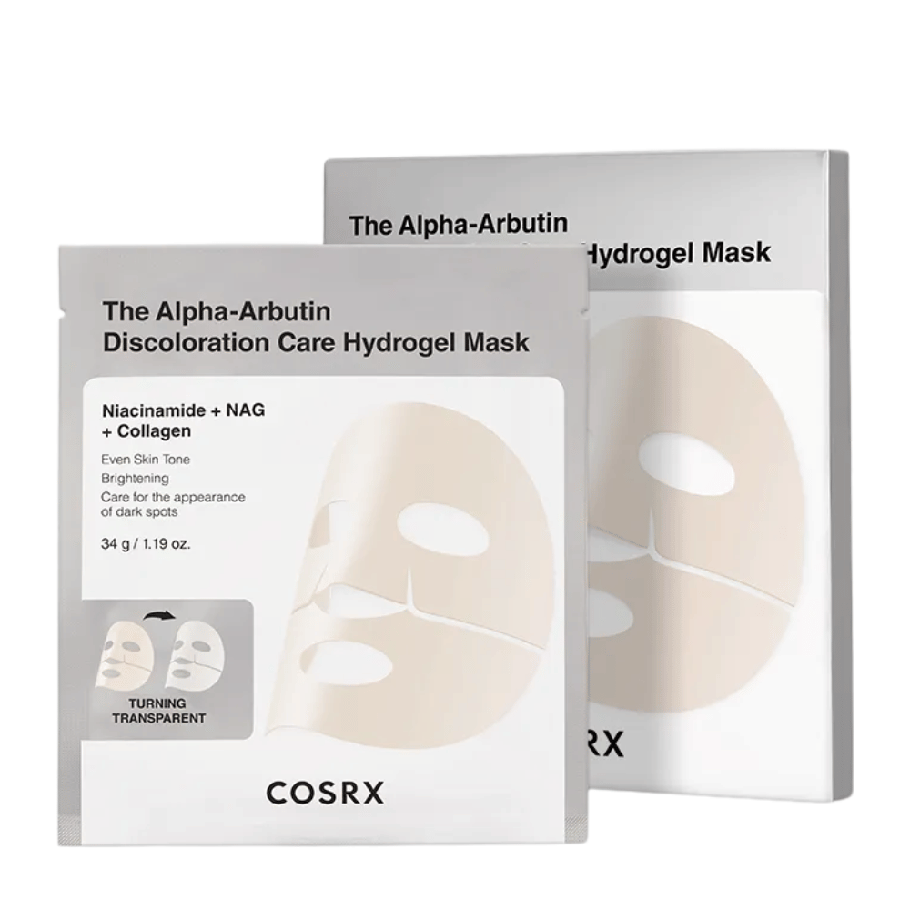 COSRX Alpha-Arbutin Discoloration Care Hydrogel Mask produktbild – hydrogel sheet mask som fokuserar på pigmentfläckar, glow och förbättrad hudklarhet.