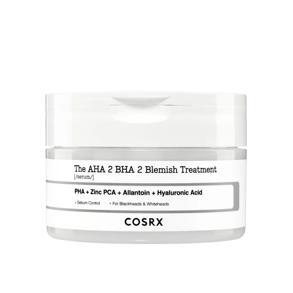 COSRX AHA 2 BHA 2 Blemish Treatment, ett serum med PHA, zink PCA, allantoin och hyaluronsyra. Designad för att kontrollera talgproduktion och motverka pormaskar och vita pormaskar. Perfekt för att förbättra hudens klarhet.