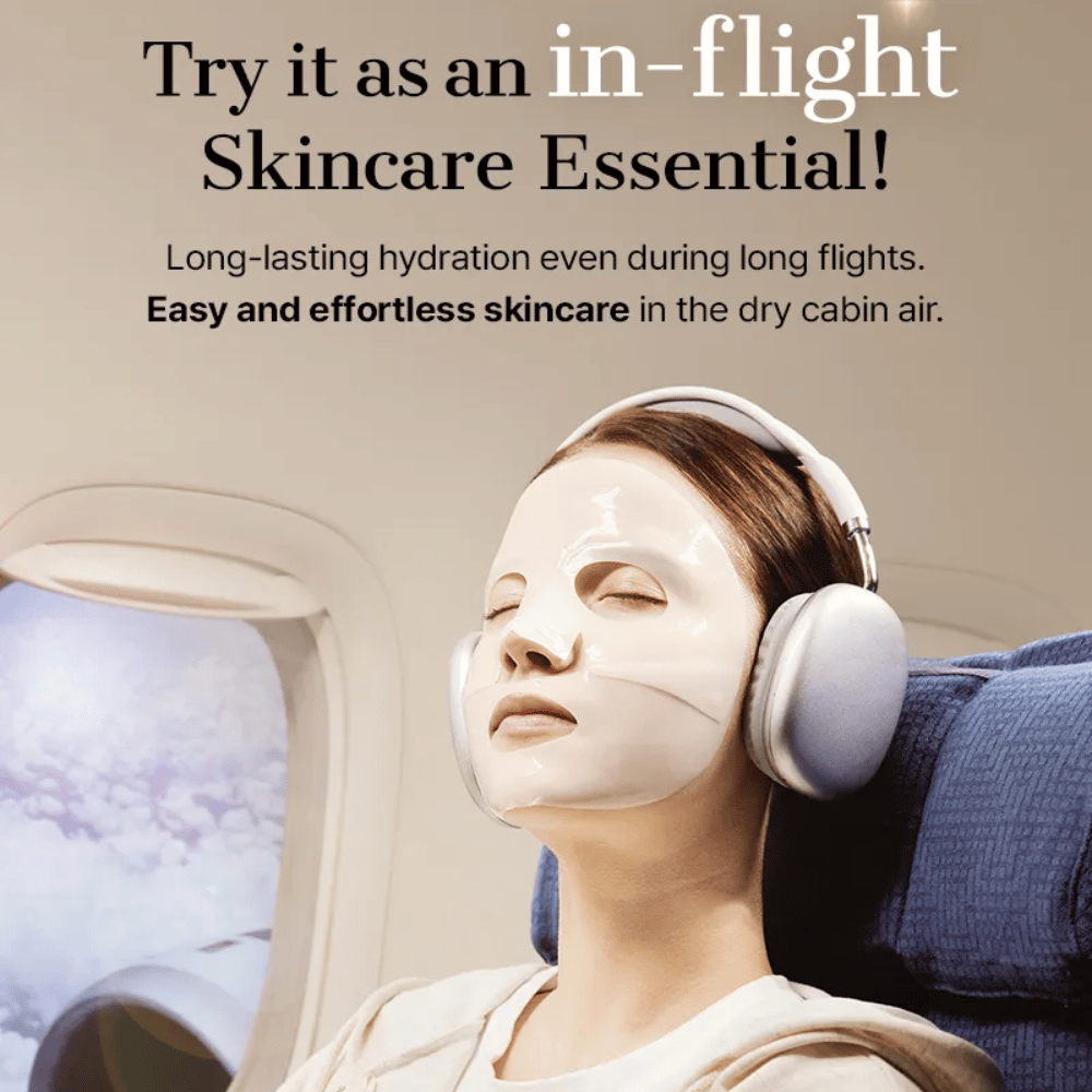 COSRX Alpha-Arbutin Discoloration Care Hydrogel Mask under flygresa – återfuktande sheet mask som motverkar torr hud och ger jämnare hudton även i torr kabinluft.