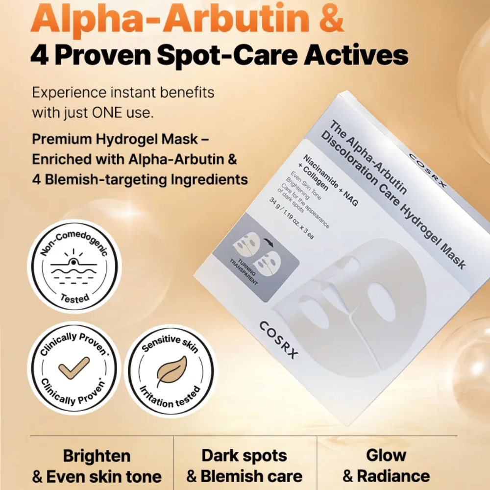 COSRX Alpha-Arbutin Discoloration Care Hydrogel Mask produktbild – koreansk sheet mask för pigmentering, glow och intensiv återfuktning.