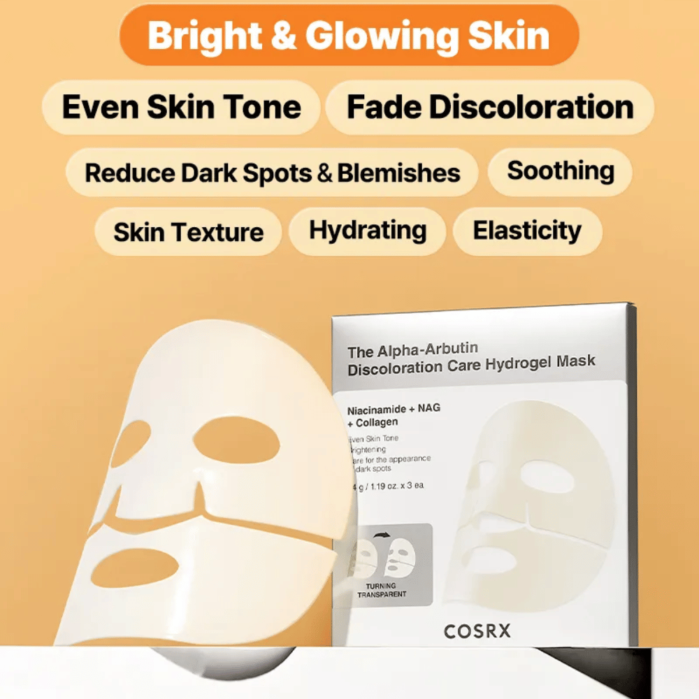 COSRX Alpha-Arbutin Hydrogel Mask – sheet mask som ger lyster, jämnare hudton, reducerar mörka fläckar och förbättrar hudens elasticitet.