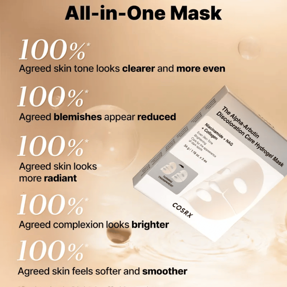 COSRX Alpha-Arbutin Discoloration Care Hydrogel Mask med förpackning – allt-i-ett sheet mask för lyster, jämn hudton och reducerad missfärgning.
