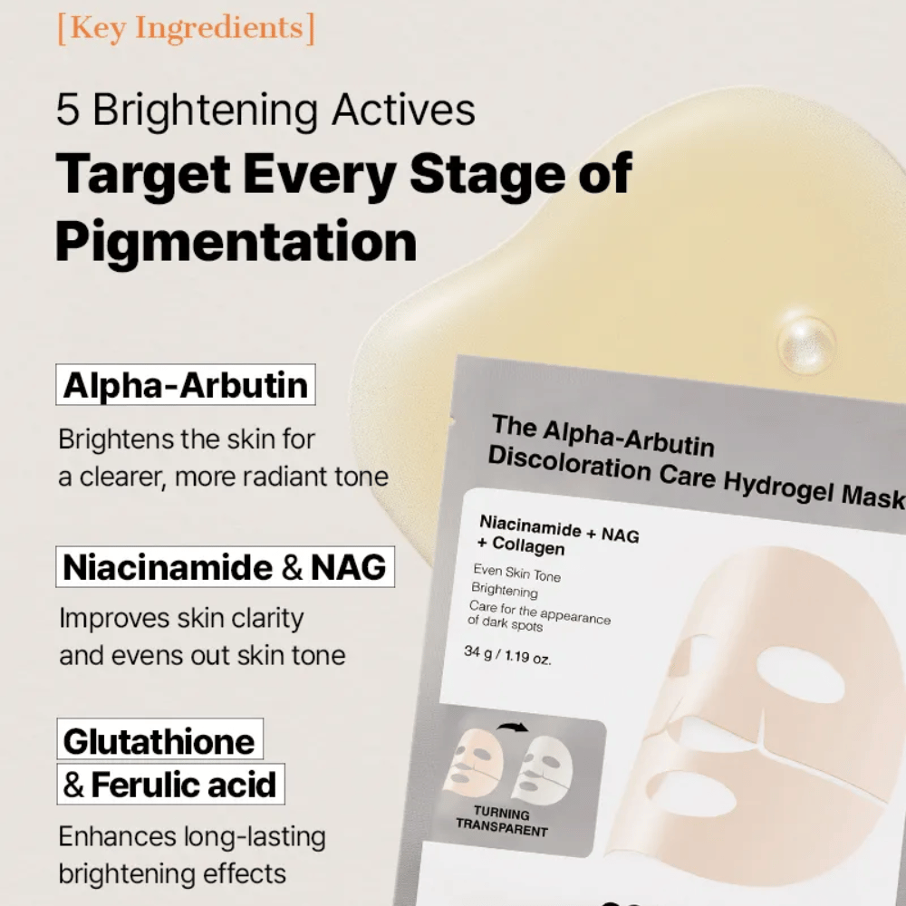 COSRX Alpha-Arbutin Discoloration Care Hydrogel Mask med alpha-arbutin och niacinamide – sheet mask som hjälper till att reducera pigmentfläckar och jämna ut hudtonen.