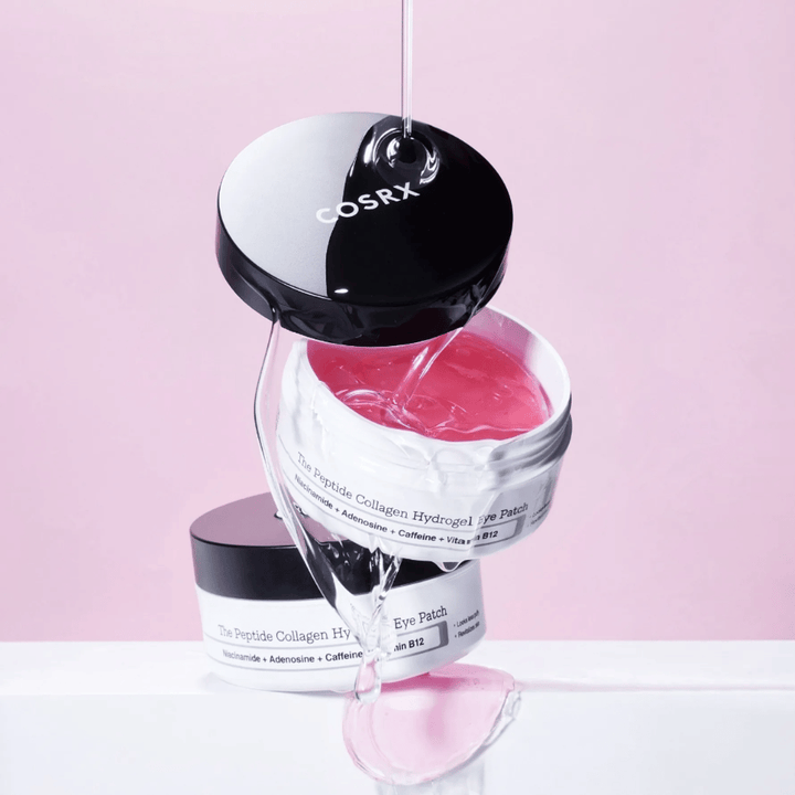 COSRX Peptide Collagen Hydrogel Eye Patch – rosa geléformel rik på niacinamid, adenosin, koffein och vitamin B12.