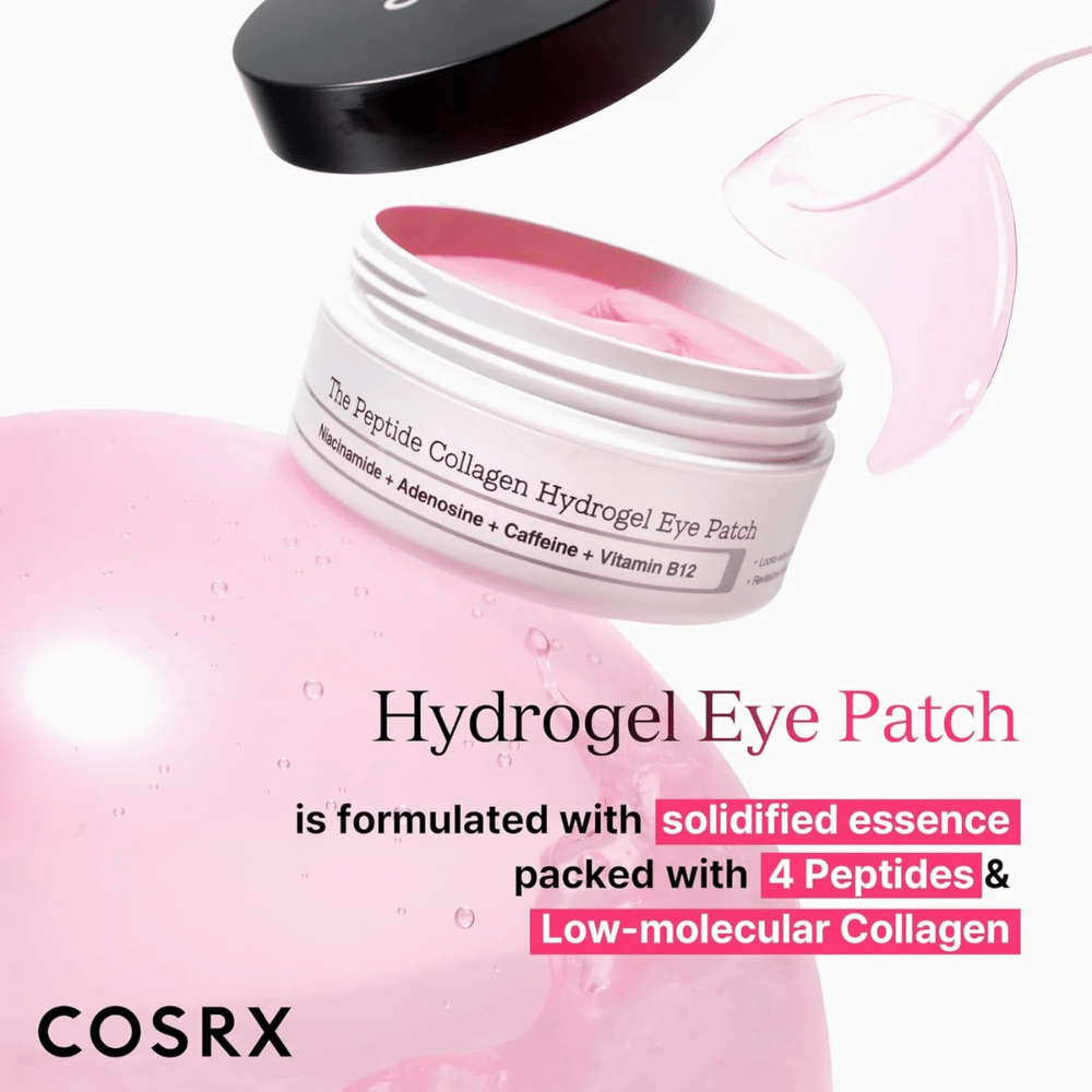 COSRX Hydrogel Eye Patch med 4 peptider och låg-molekylärt kollagen för återfuktad och fast hud runt ögonen.