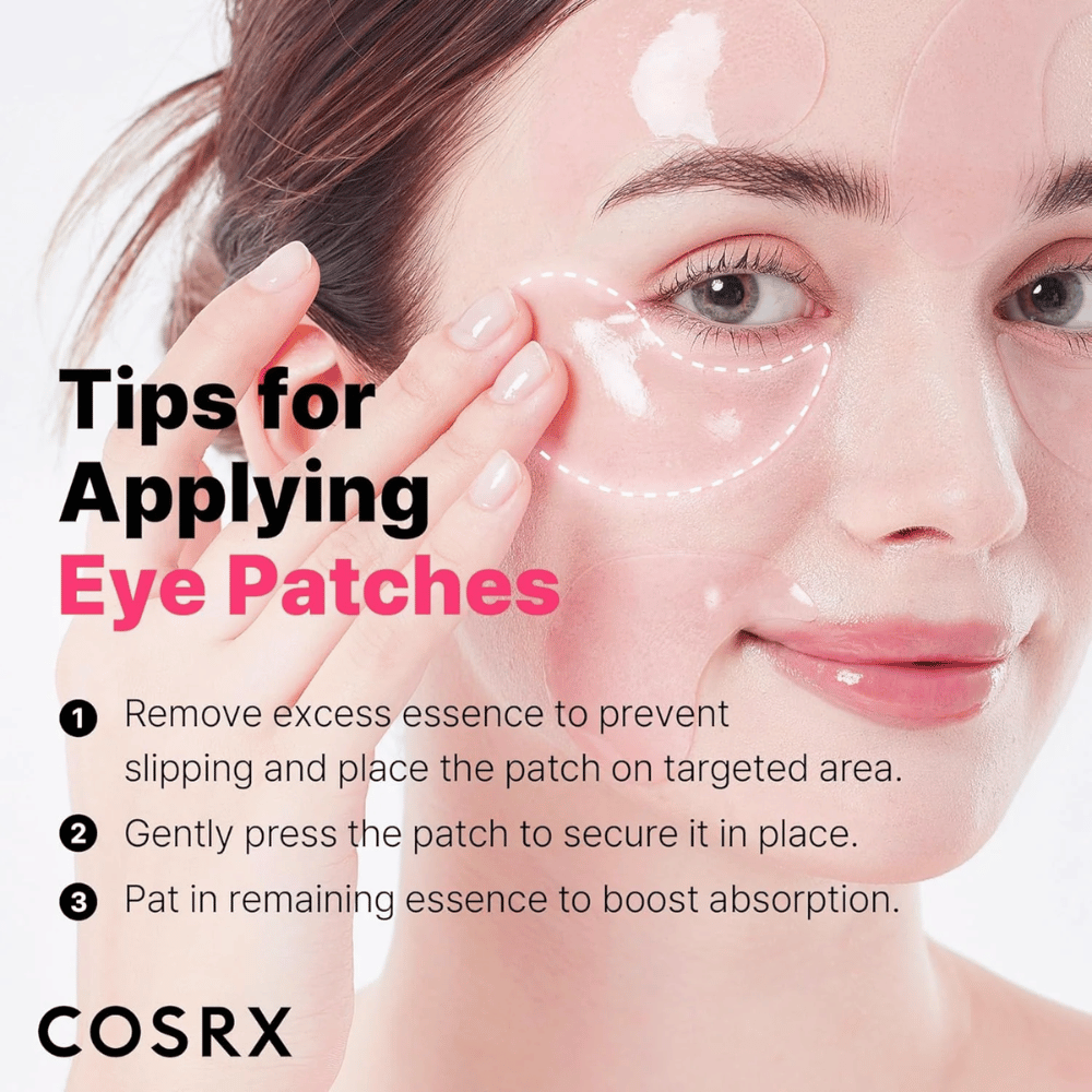 Tips för applicering av COSRX Peptide Collagen Eye Patch – tryck fast, ta bort överflödig essence och klappa in rester.