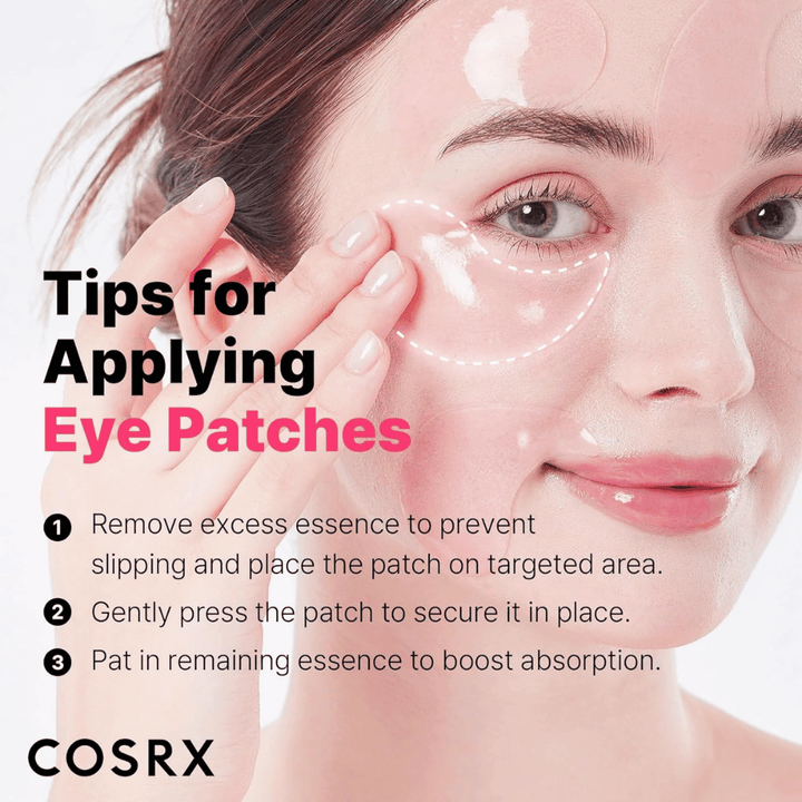 Tips för applicering av COSRX Peptide Collagen Eye Patch – tryck fast, ta bort överflödig essence och klappa in rester.