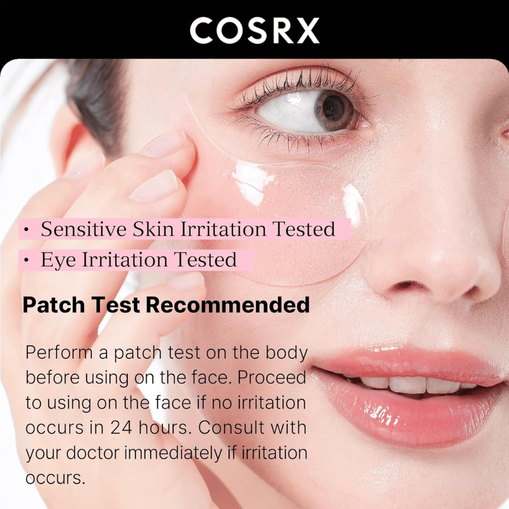 COSRX Peptide Collagen Hydrogel Eye Patch – testad för känslig hud och ögonirritation, säker för daglig användning.