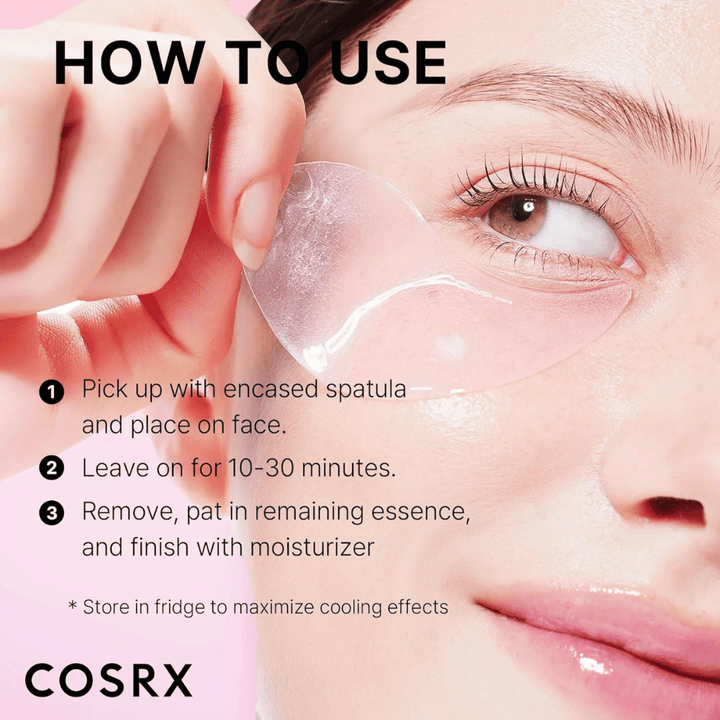 COSRX Peptide Collagen Hydrogel Eye Patch – applicera med spatel, låt verka 10–30 minuter och avsluta med fuktkräm.