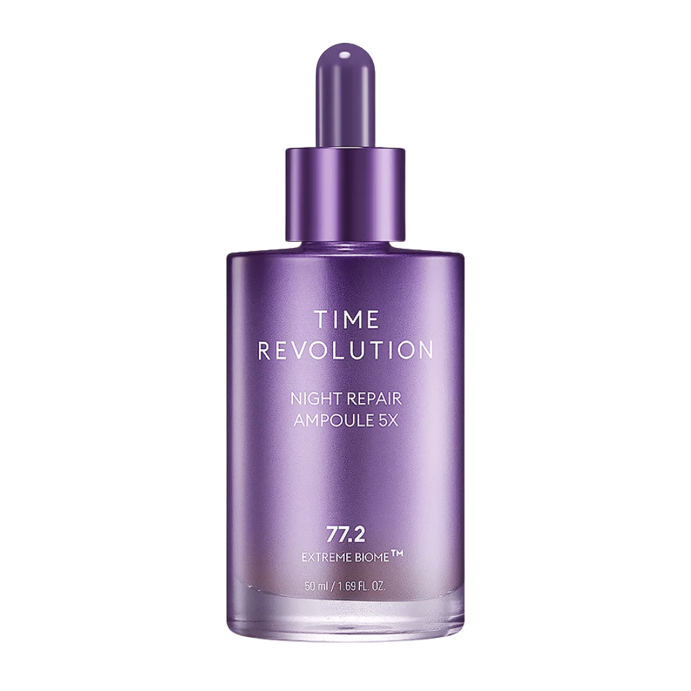 5. MISSHA Time Revolution Night Repair Ampoule 5X 50 ml – koncentrerad nattampull i lila glasflaska med pipett