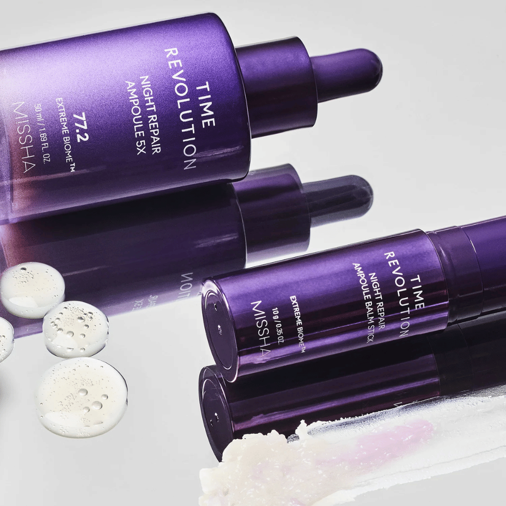 1. MISSHA Time Revolution Night Repair Ampoule 5X 50 ml – nattampull med 77,2 % Extreme Biome Complex i lila pipettflaska