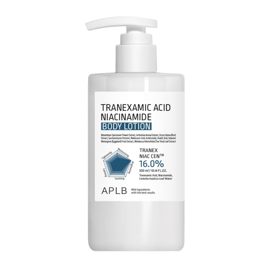 Ren produktbild av APLB Tranexamic Acid Niacinamide Body Lotion i minimalistisk vit pumpflaska med fokus på återfuktande och lugnande kroppsvård för torr och känslig hud.