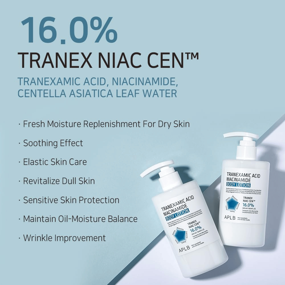Fördelsbild som presenterar produktens 16 % Tranex Niac Cen™-komplex och dess egenskaper såsom återfuktning, lugnande effekt, förbättrad hudelasticitet, glow och balanserad olje- och fuktnivå.