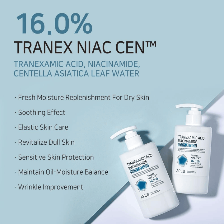Fördelsbild som presenterar produktens 16 % Tranex Niac Cen™-komplex och dess egenskaper såsom återfuktning, lugnande effekt, förbättrad hudelasticitet, glow och balanserad olje- och fuktnivå.