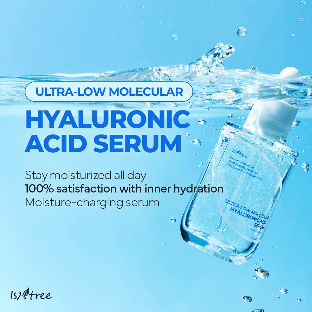 Isntree Ultra-Low Molecular Hyaluronic Acid Serum i vattenmiljö, återfuktande hyaluronsyraserum som ger plumpad hud, ökad lyster och långvarig fuktbalans.