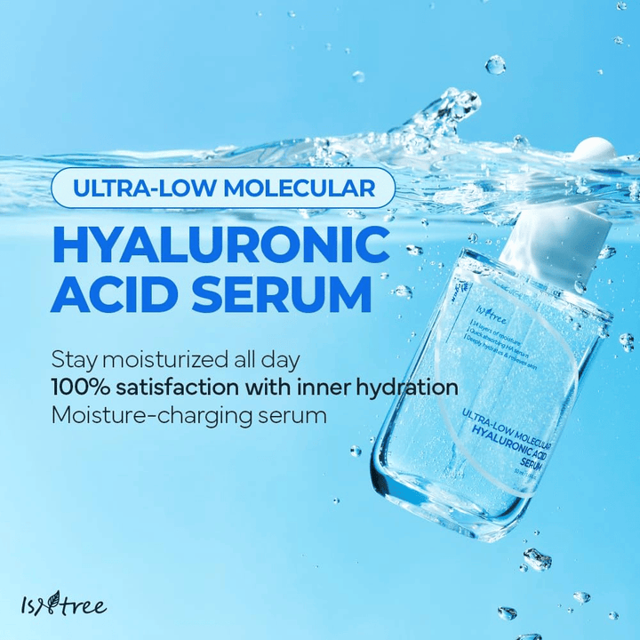 Isntree Ultra-Low Molecular Hyaluronic Acid Serum i vattenmiljö, återfuktande hyaluronsyraserum som ger plumpad hud, ökad lyster och långvarig fuktbalans.