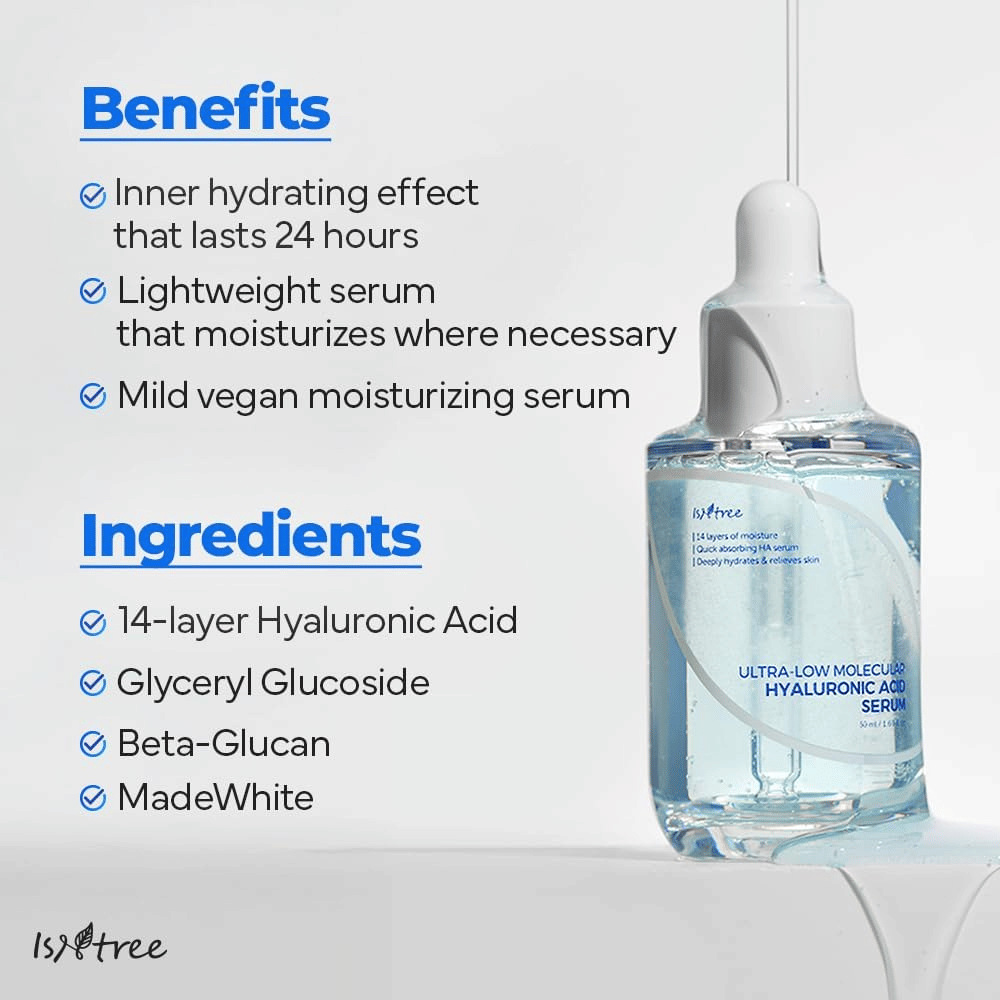Isntree Ultra-Low Molecular Hyaluronic Acid Serum med lätt, vegansk formula som återfuktar i upp till 24 timmar och passar torr, känslig och fuktfattig hud.
