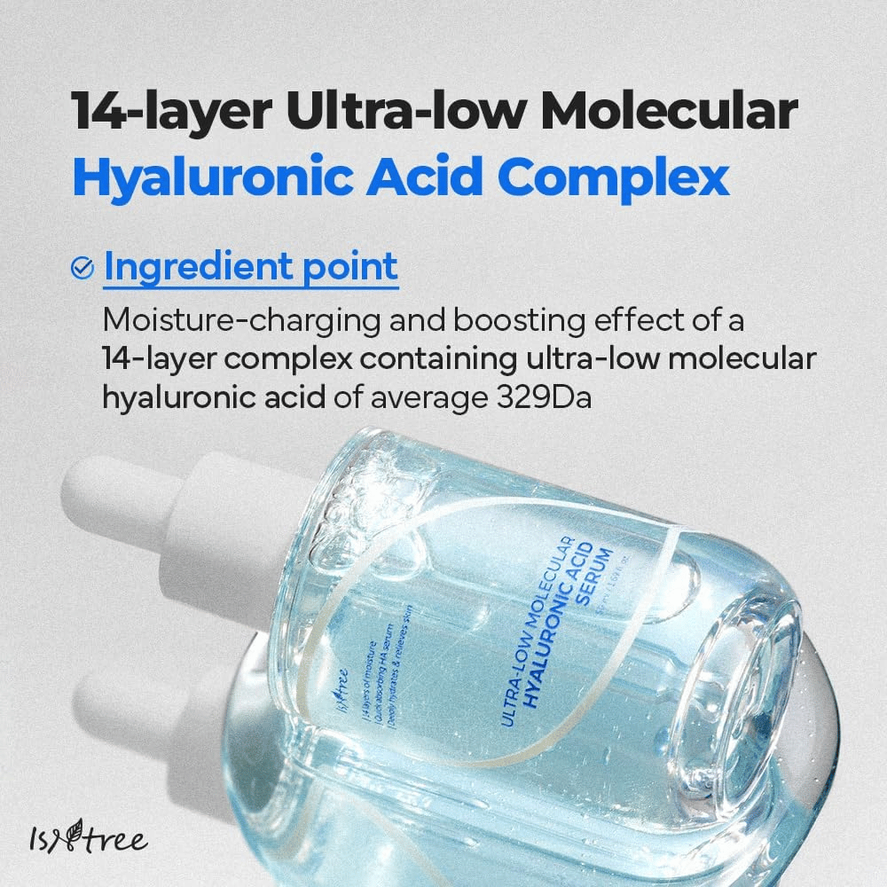 Isntree Ultra-Low Molecular Hyaluronic Acid Serum med ultra-låg molekylär hyaluronsyra, fuktboostande ansiktsserum som ger intensiv återfuktning på djupet.