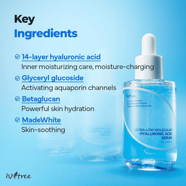 Isntree Ultra-Low Molecular Hyaluronic Acid Serum med 14-lager hyaluronsyra, glyceryl glucoside och beta-glukan, återfuktande serum som stärker hudbarriären och lugnar känslig hud.
