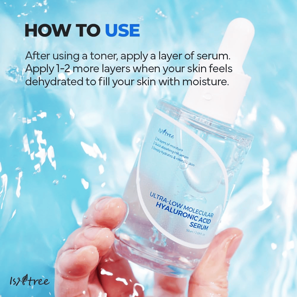Isntree Ultra-Low Molecular Hyaluronic Acid Serum som appliceras efter toner för intensiv återfuktning, visad i hand med vattenstänk, lätt serum för torr och uttorkad hud.