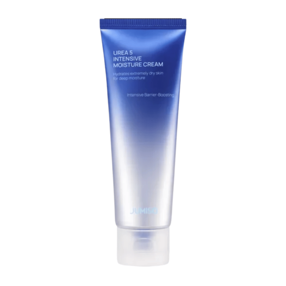 Frilagd produktbild av Jumiso Urea 5 Intensive Moisture Cream mot vit bakgrund. Den blå tuben med minimalistisk design framhäver produktens fokus på intensiv återfuktning och hudbarriärstärkande vård för mycket torr hud.